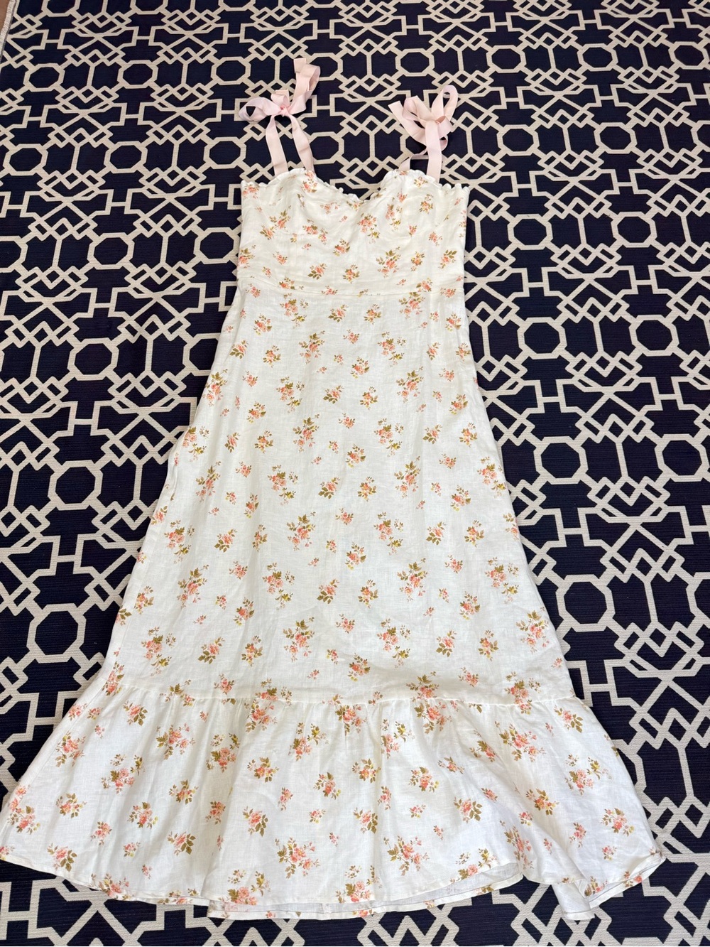 NWOT Reformation Vale Ribbon Floral Linen Ruffle Midi Dress Sz 12 Mildred Print - Picture 3 of 13